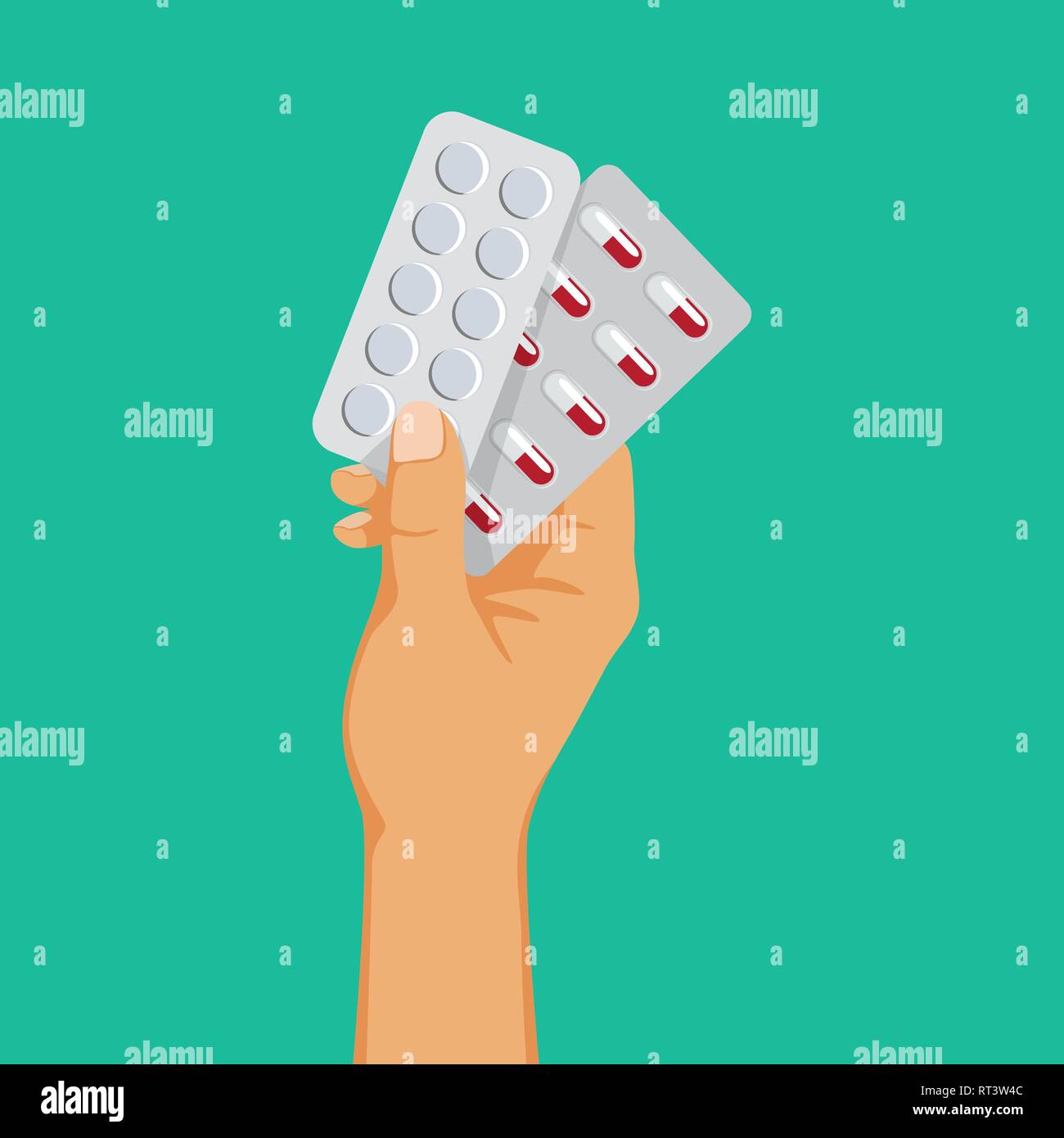 Medizinische Drogensucht, Hand blasen Holding mit Pillen, Antidepressivum, Abhängigkeit, Vector Illustration. Stock Vektor