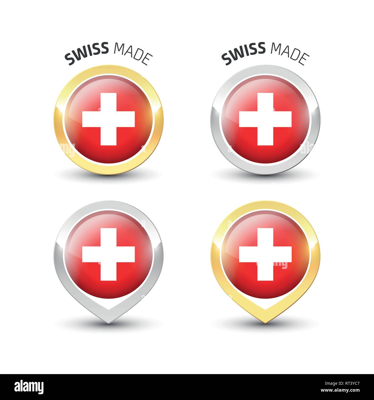 Swiss made-Garantie Label mit der Flagge der Schweiz runde Gold und Silber Symbole. Stock Vektor