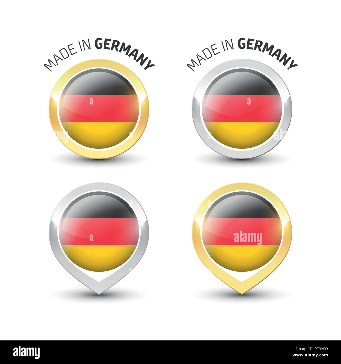 Made in Germany - Garantie Label mit der deutschen Flagge runde Gold und Silber Symbole. Stock Vektor