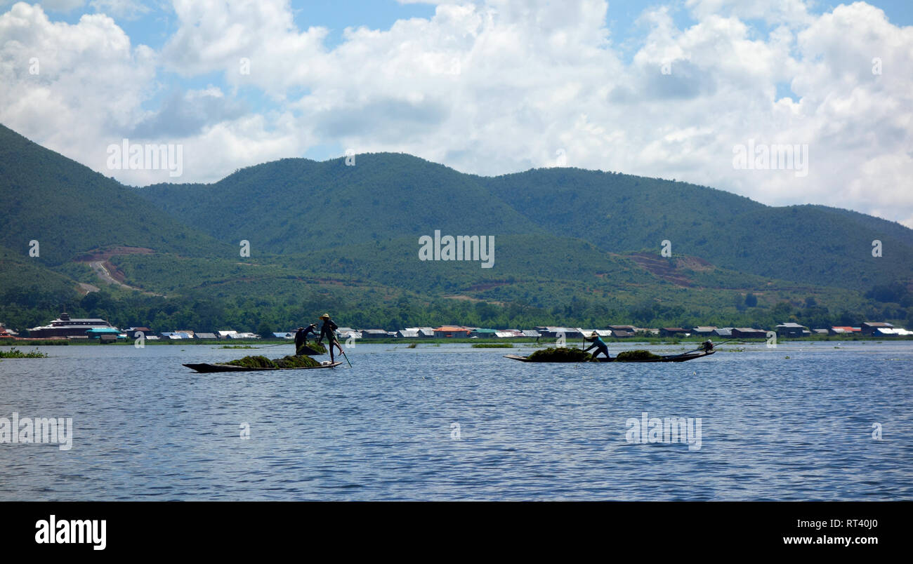 Inle See in Myanmar, schwimmenden Dorf und ein Bein Rower Stockfoto