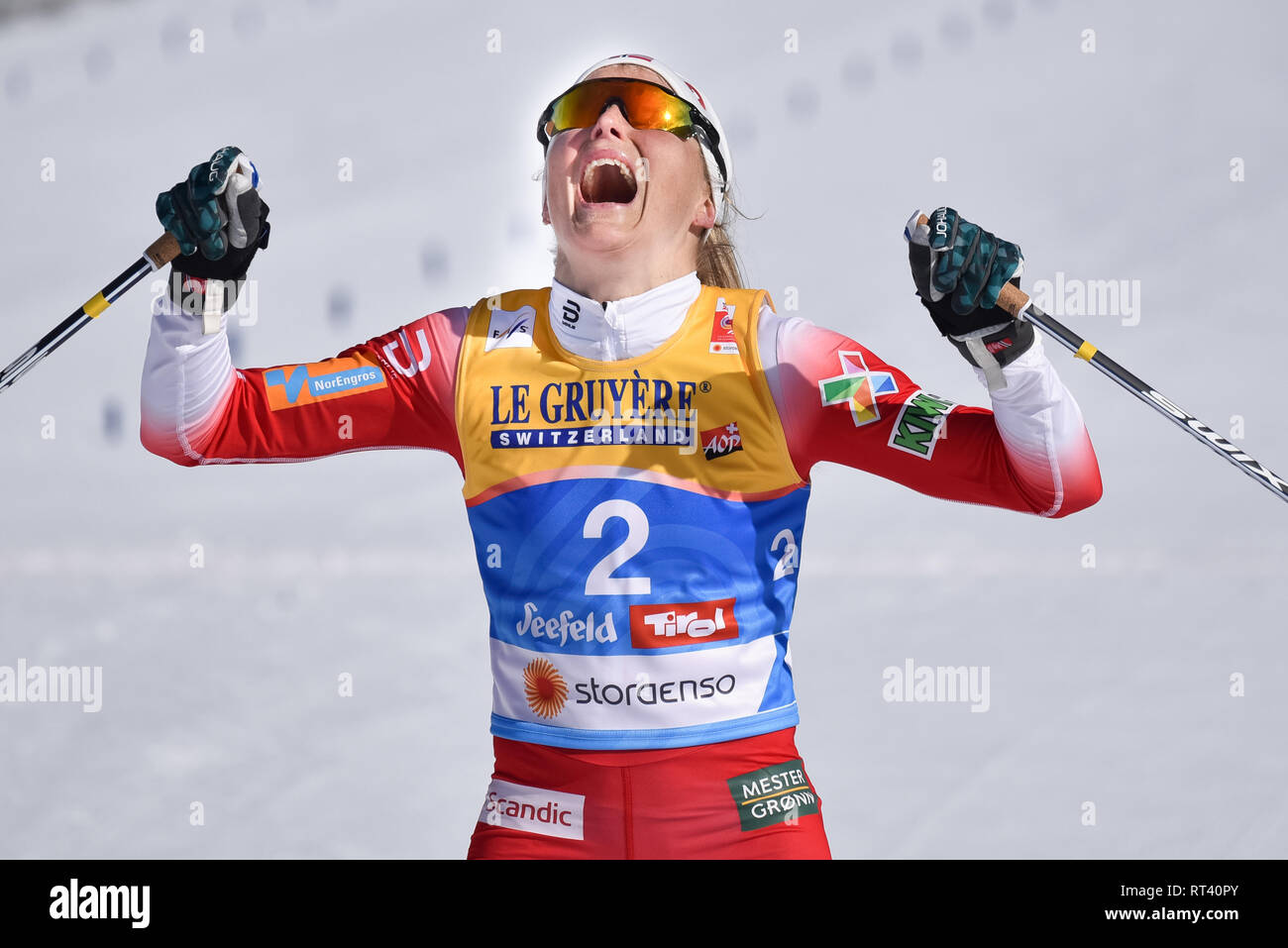 Seefeld, Österreich, 23. Februar 2019. Therese Johaug von Norwegen gewinnt Nordischen Ski-WM skiathlon Ereignis. Die erste Weltmeisterschaft nach Stockfoto