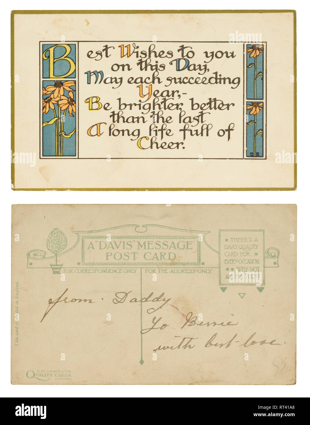 Geburtstag wünsche Postkarte von etwa 1915 aus Daddy zu Bessie mit Liebe Stockfoto