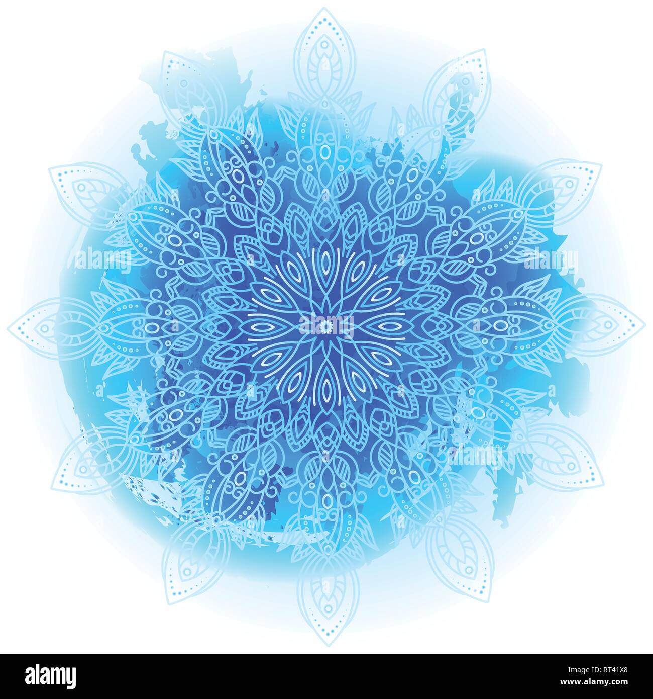 Runde blaue Farbverlauf Mandala auf weißem Hintergrund. Vektor boho Mandala als Aquarell. Mandalas mit floralen Mustern. Yoga Template Stock Vektor