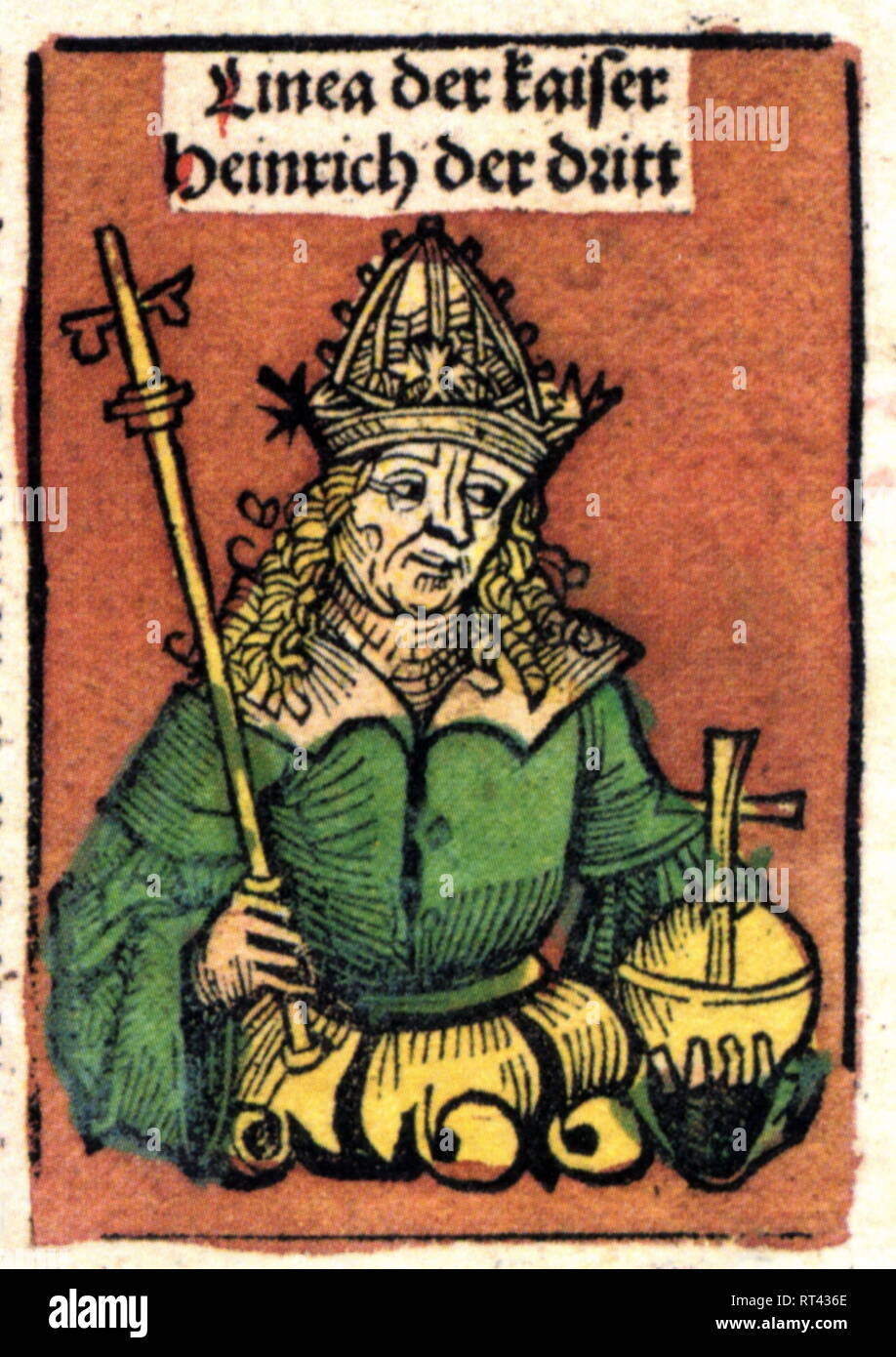 Heinrich III. der Schwarze, 28.10.1017 - 17.10.1056, Kaiser des Heiligen Römischen Reiches 25.12.1046 - 17.10.1056, halbe Länge, Holzschnitt von Michael Wolgemut oder Wilhelm Pleydenwurff auf die Chronik von Hartmann Schedel, Nürnberg, 1493, Artist's Urheberrecht nicht gelöscht werden Stockfoto