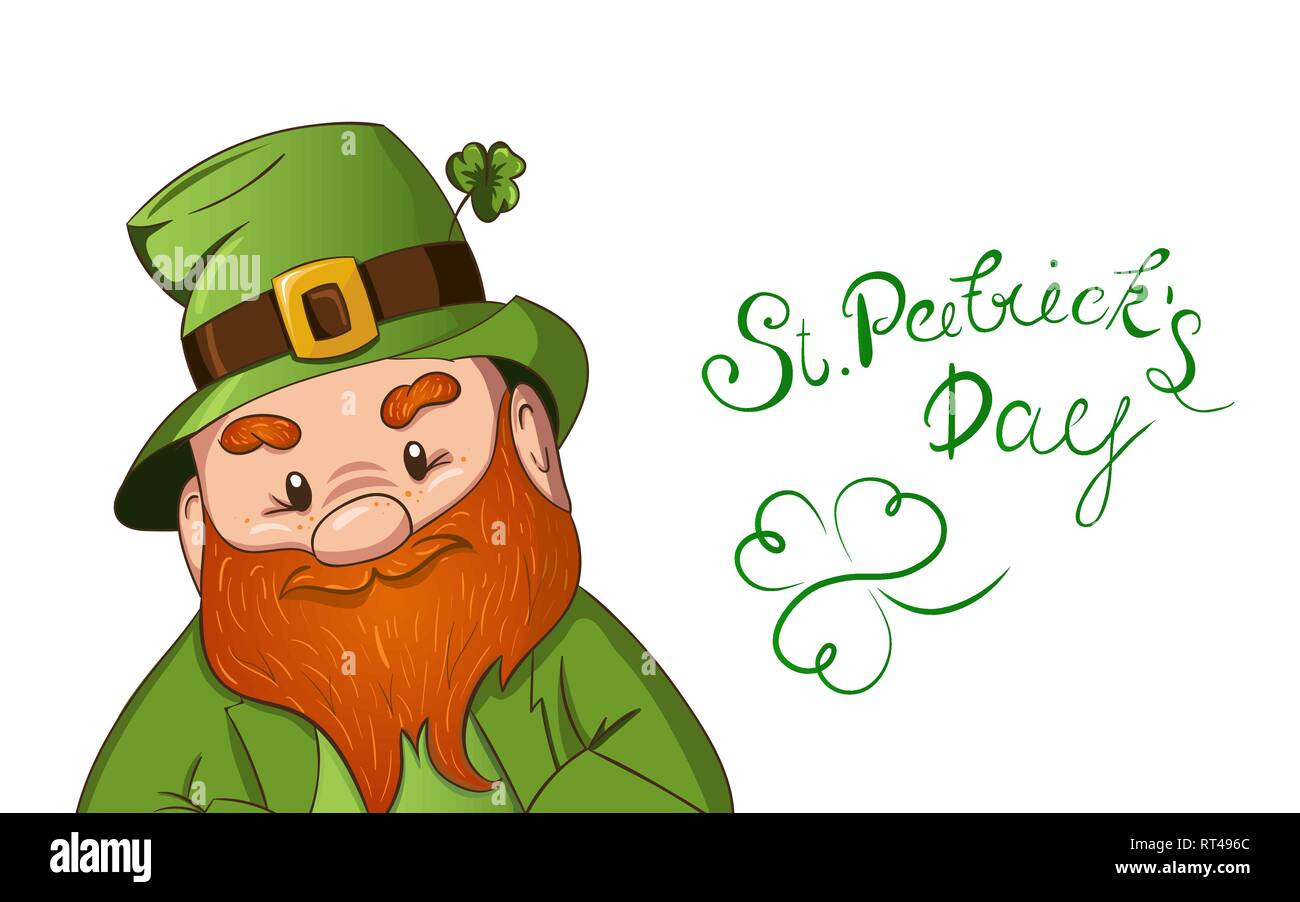 Happy Saint Patricks Day Abbildung. Hand Leprechaun cgaracter mit grünem Kleeblatt gezeichnet. Vector Illustration. Stock Vektor