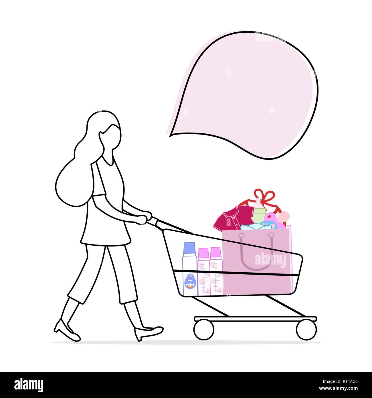 Vector Illustration mit Frau trägt einen Warenkorb mit gekauften Ware aus dem Store. Mädchen, shopping. Große Verkaufs- und Shopping Konzept. Stock Vektor