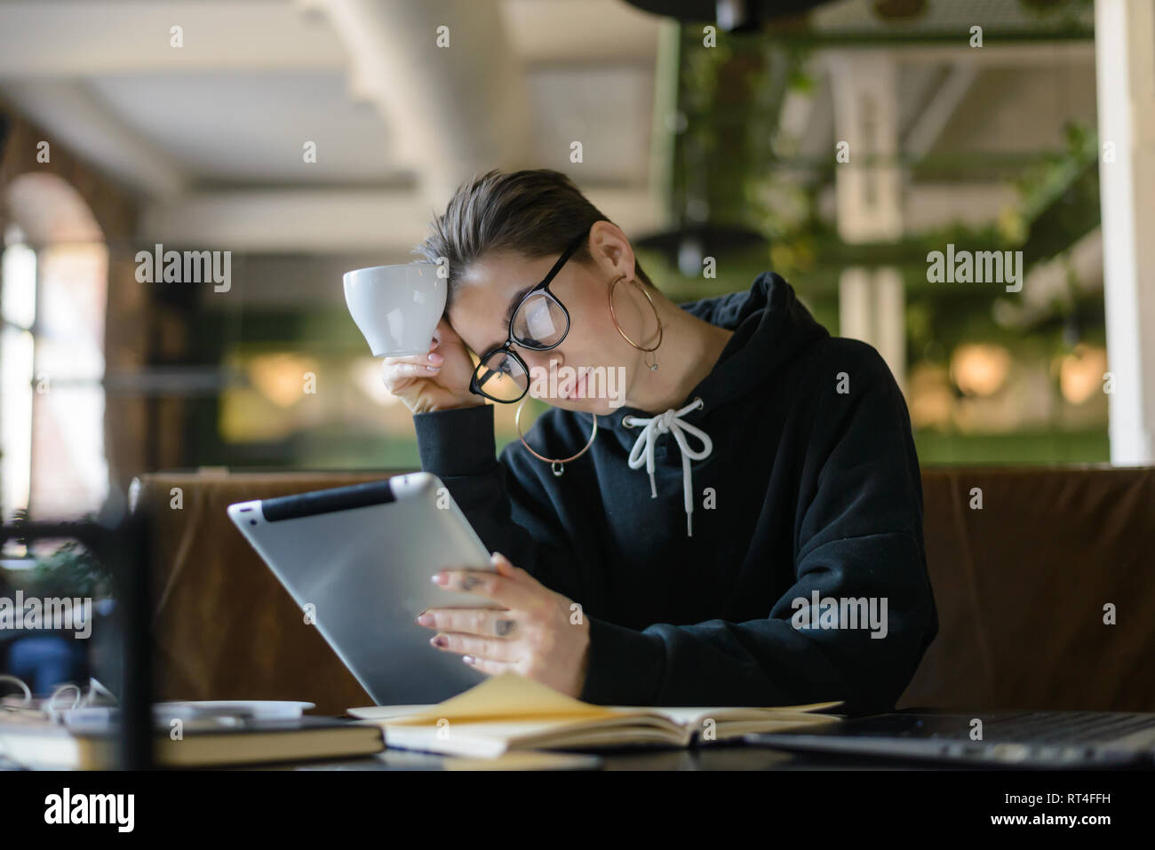 Attraktive Kurzhaar hipster Girl in modischen Brillen studieren mit modernen Tablet PC mit Internetverbindung Stockfoto
