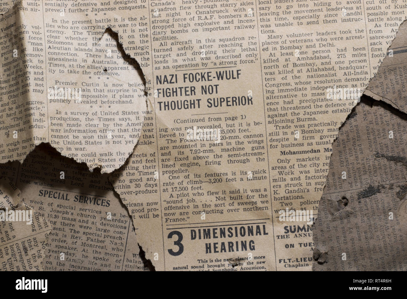 Ns-Weltkrieg-II-Zeitung Artikel aus der Nähe. Stockfoto