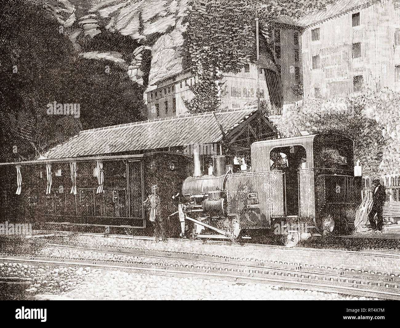 Die Montserrat Zahnradbahn, aka Zahnstangenlenkung Bahn, Zahnradbahn oder Zahnradbahn, Barcelona, Katalonien, Spanien, hier im 19. Jahrhundert. Von La Ilustracion Artistica, veröffentlicht 1887. Stockfoto