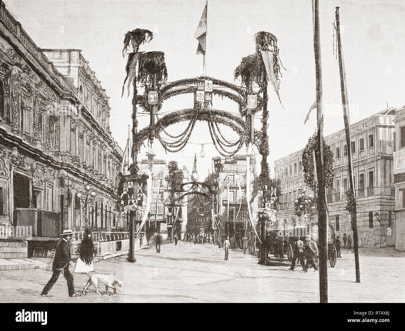 Triumphbögen in den Straßen von Sevilla, Spanien während der jährlichen Kolumbianischen Festival von 1887. Von La Ilustracion Artistica, veröffentlicht 1887. Stockfoto
