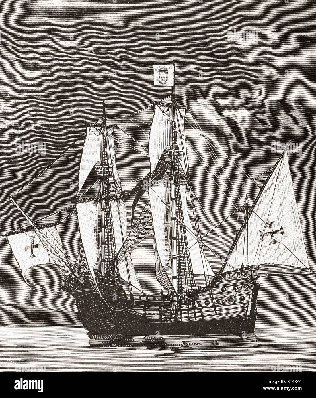 Die Sao Gabriel, das Flaggschiff der Vasco da Gama's Armada auf seiner ersten Reise nach Indien in 1497-1499. Von La Ilustracion Artistica, veröffentlicht 1887. Stockfoto