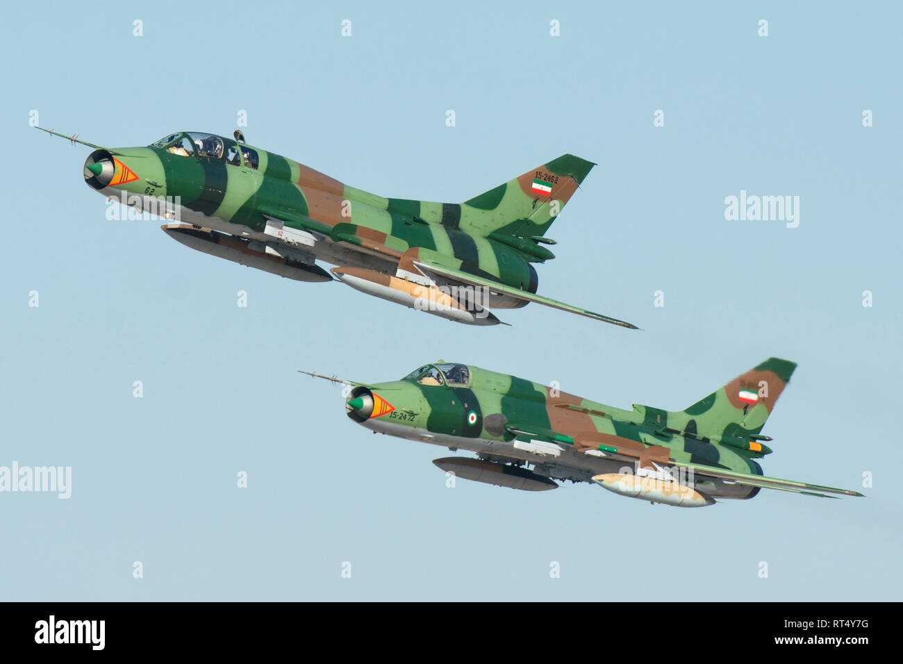 Ein paar Islamischen Revolutionary Guard Corps Sukhoi SU-22 Kampfjets. Stockfoto
