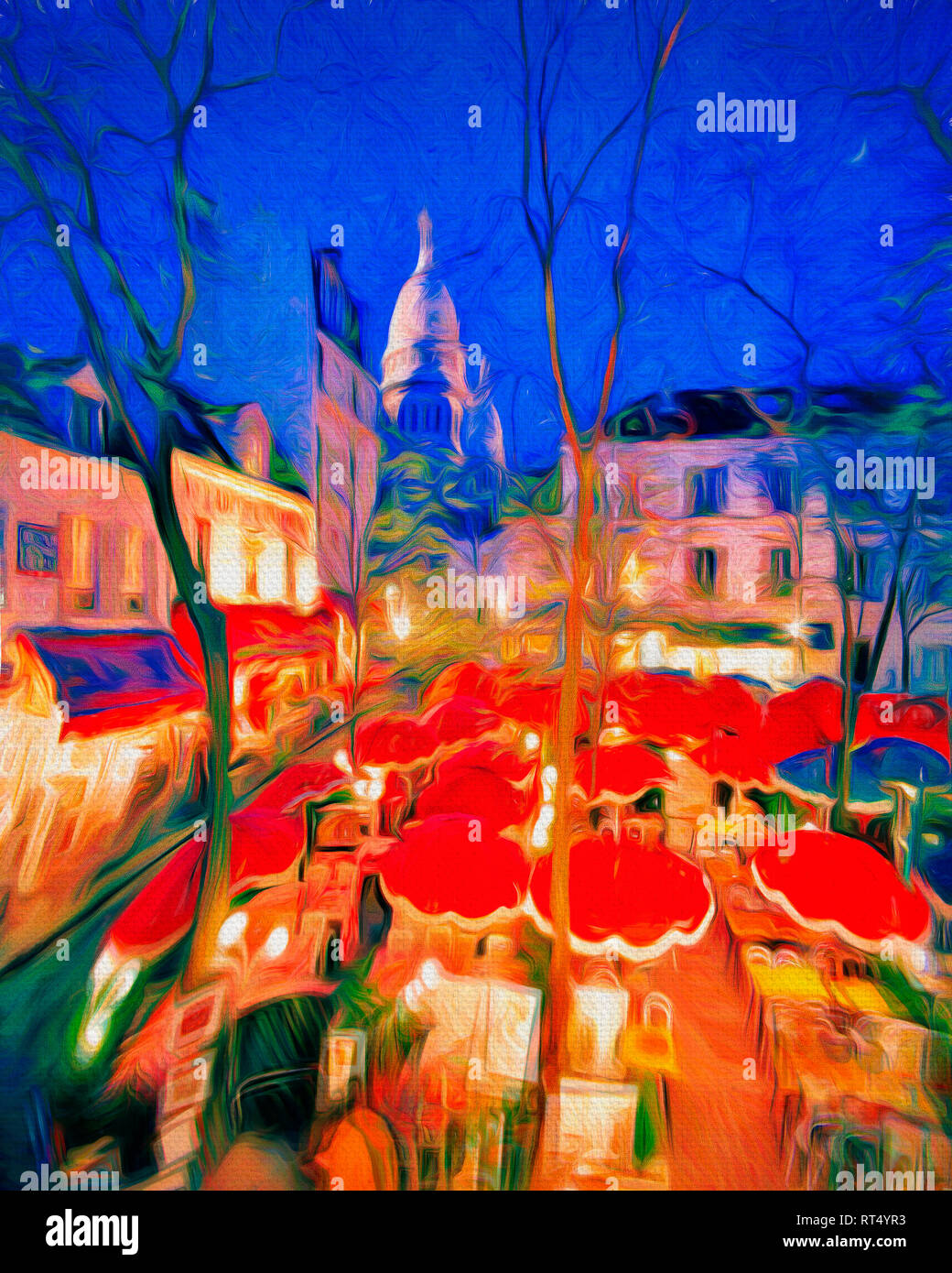 Digitale Kunst: Place du Tertre bei Nacht, Paris, Frankreich Stockfoto