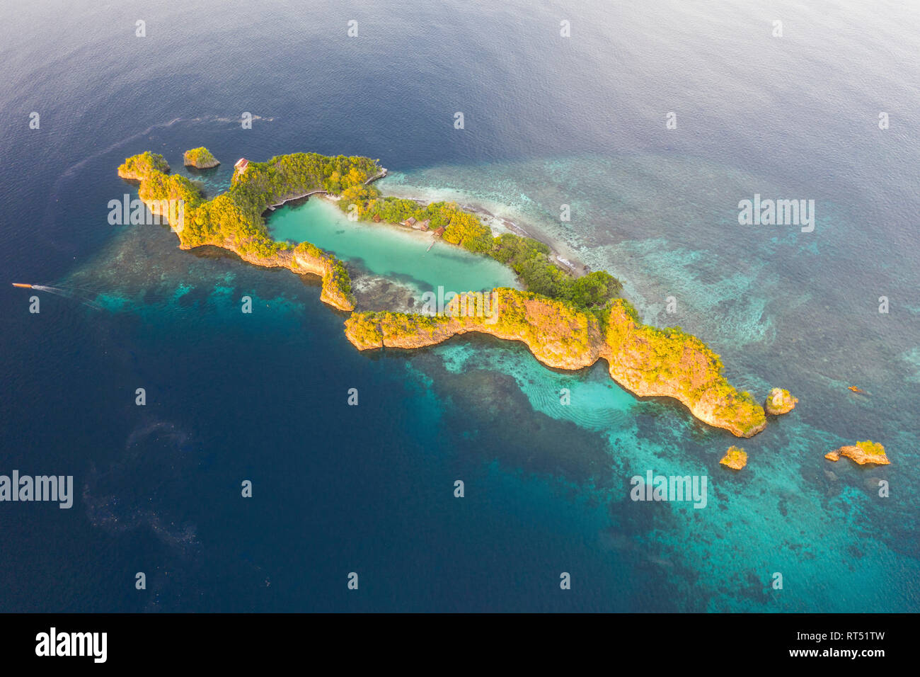 Morgen Licht leuchtet auf einem schönen Kalkstein Insel in Raja Ampat, Indonesien. Stockfoto