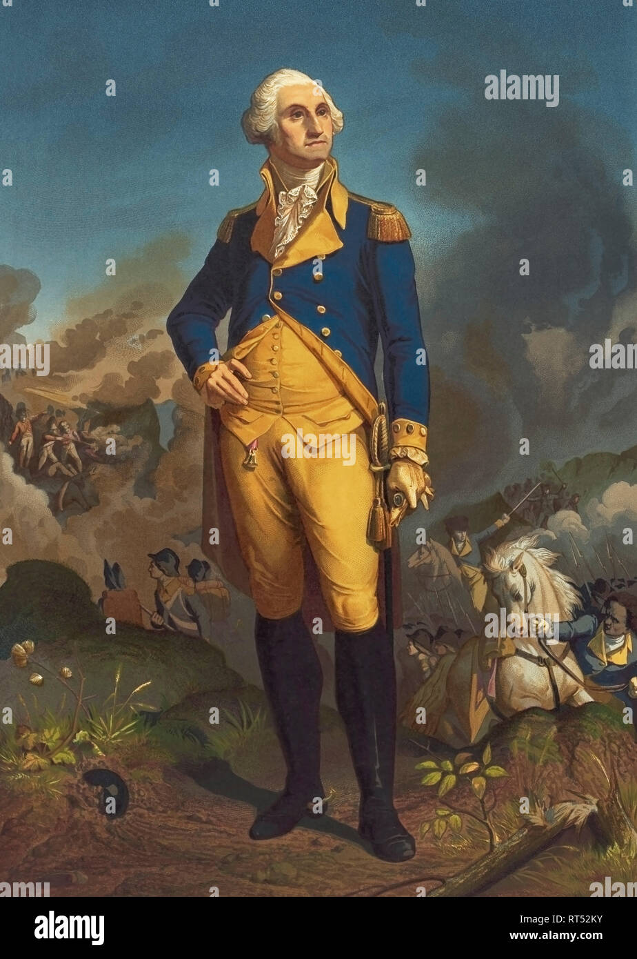 Volle Länge drucken von General George Washington mit einem Krieg Szene im Hintergrund. Stockfoto