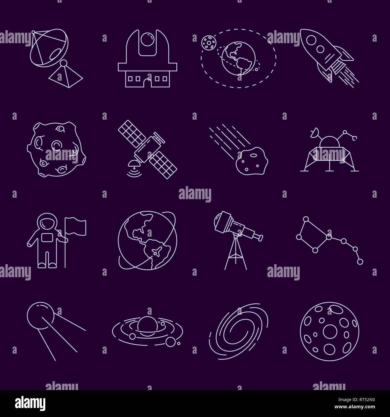 Satz von dünnen LineVector Astronomie und Raumfahrt Symbole. Spaceman, Astronaut, Sonnensystem, Galaxis, Planet, Erde, Satelliten, Shuttle, Rakete, Orbit, asteroi Stock Vektor