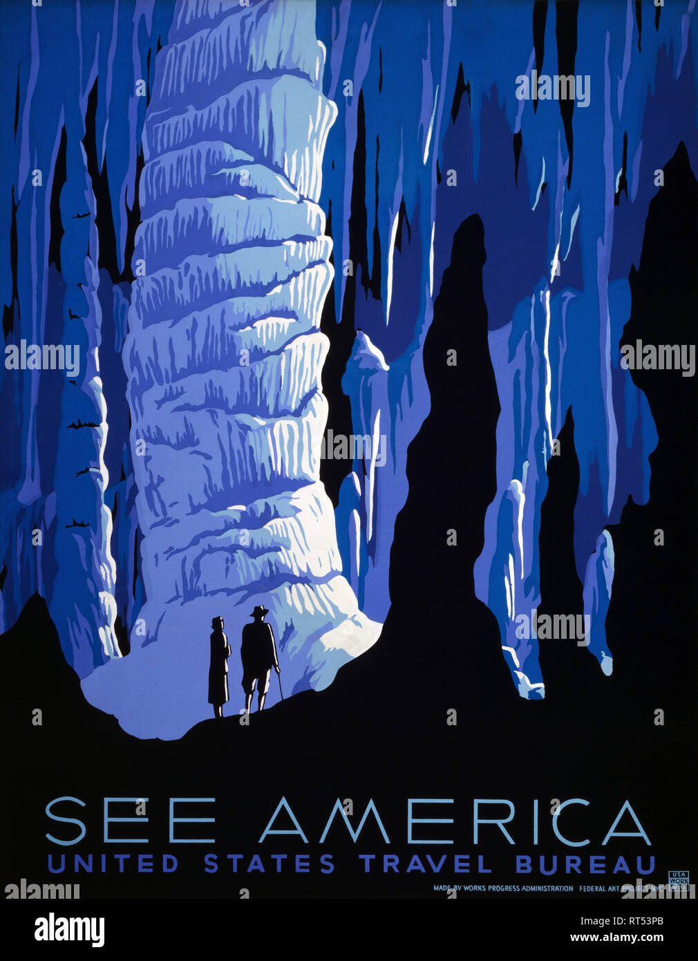 American History travel Poster mit zwei Touristen, die in eine Tropfsteinhöhle. Stockfoto