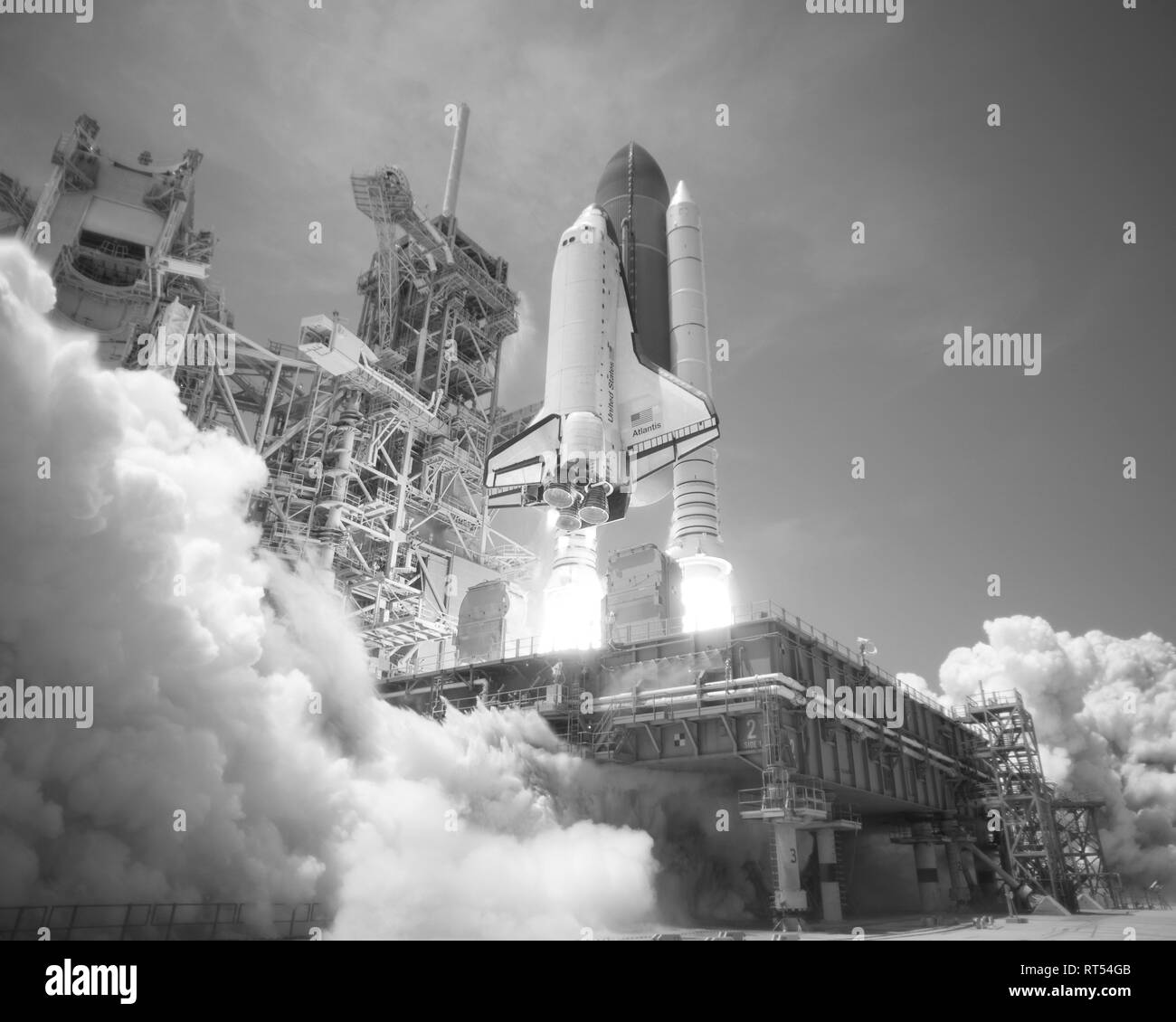 Amerikanische Geschichte Bild des Space Shuttle Atlantis Strahlen aus. Stockfoto