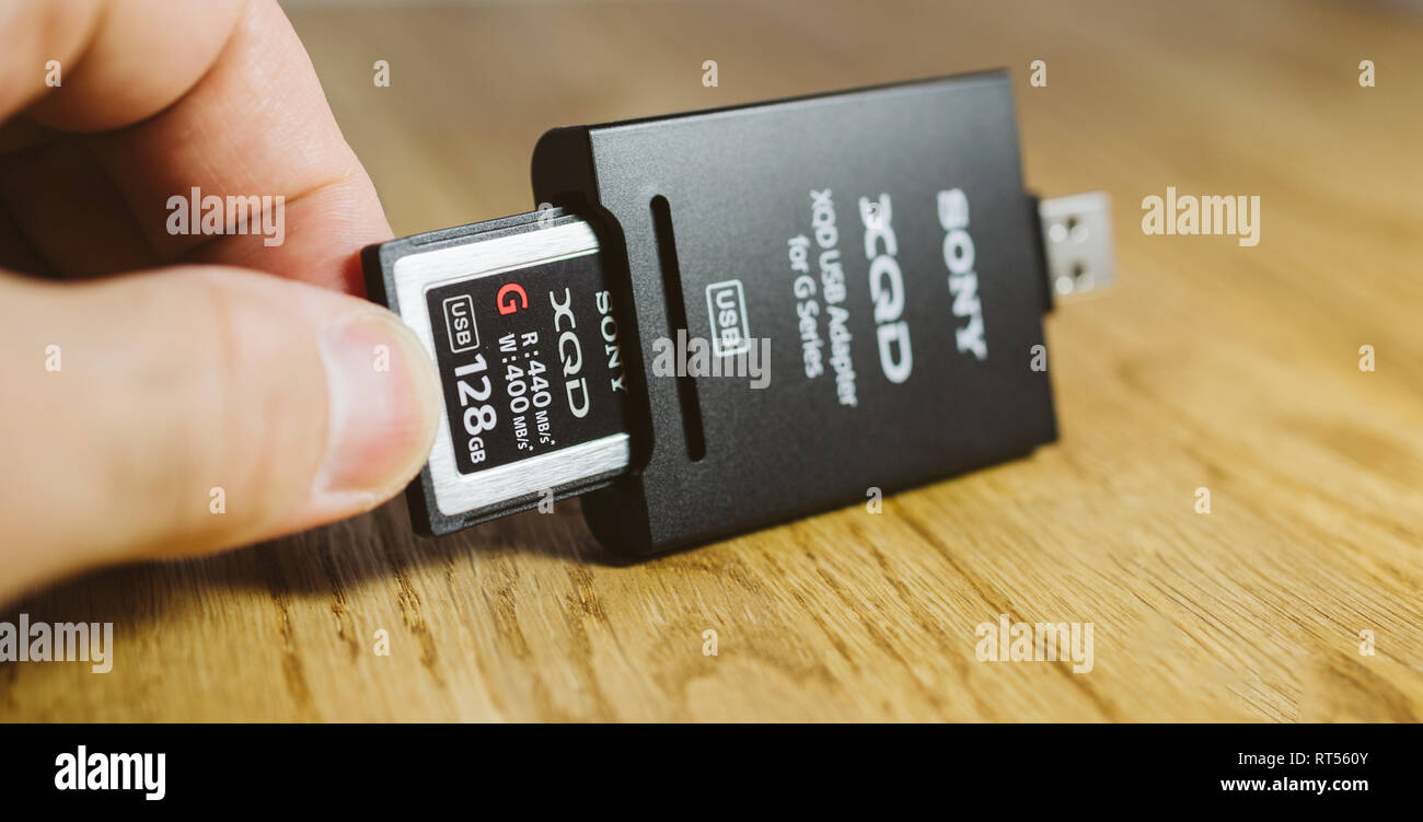 PARIS, Frankreich, 26.MÄRZ 2017: Man fügt Neue XQD Daten Speicherkarte von Sony, Nikon und Sony video foto Produkte für die Speicherung von Inhalten in USB-XQD Card Reader verwendet werden Stockfoto