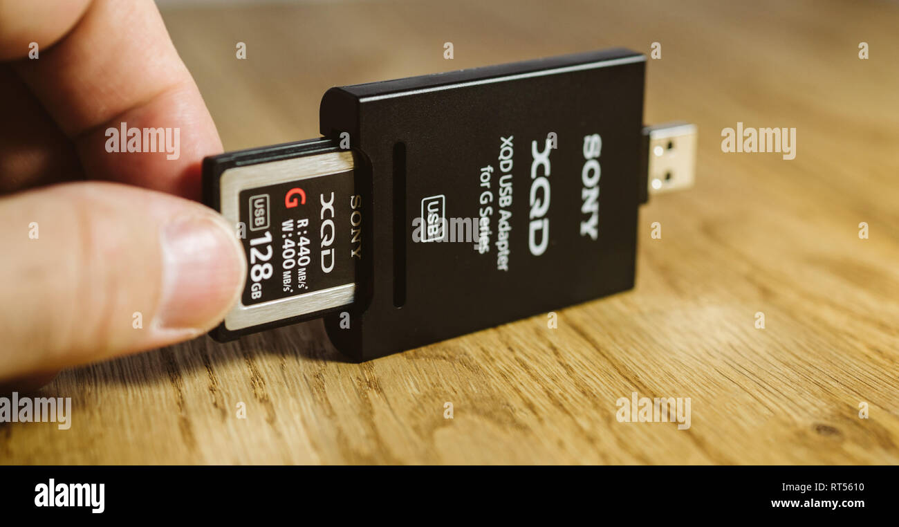PARIS, Frankreich, 26.MÄRZ 2017: Man fügt Neue XQD Daten Speicherkarte von Sony, Nikon und Sony video foto Produkte für die Speicherung von Inhalten in USB-XQD Card Reader verwendet werden Stockfoto