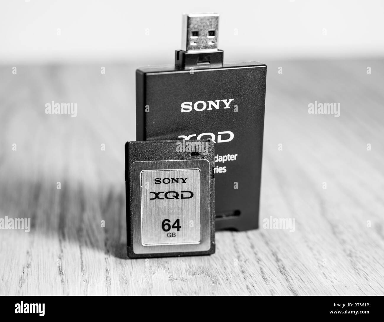 PARIS, Frankreich, 26.MÄRZ 2017: Neue XQD Daten Speicher Karte und Lesegerät von Sony, Nikon und Sony video foto Produkte für die Speicherung von Inhalten verwendet werden Stockfoto