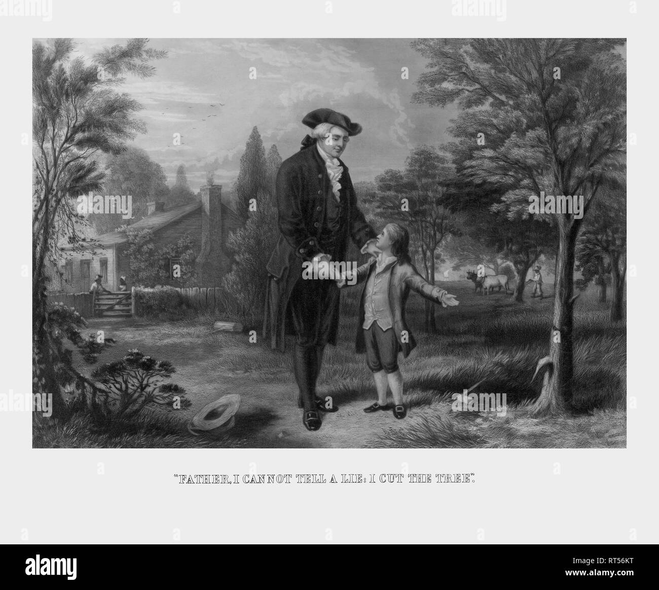 Drucken mit der Darstellung der berühmten Geschichte von George Washington Bekenntnis zu seinem Vater, dass er die Kirsche Baum geschnitten. Stockfoto