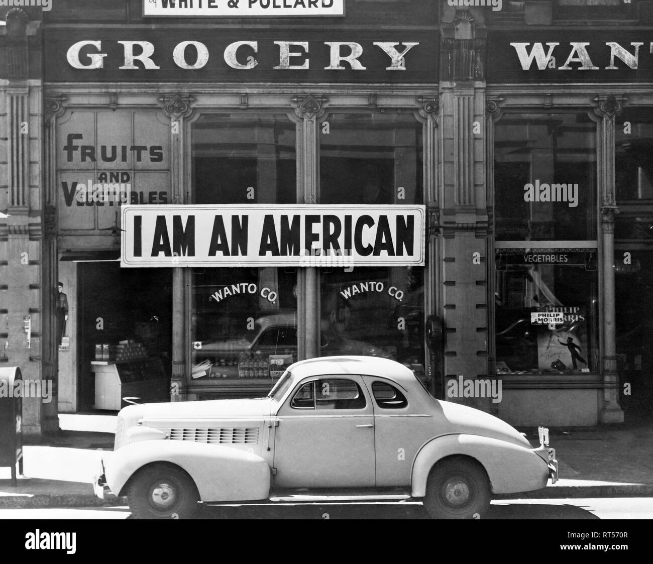Ein Shop von japanischen Amerikaner gehört, die mit einem Schild, ich bin ein Amerikaner. Stockfoto