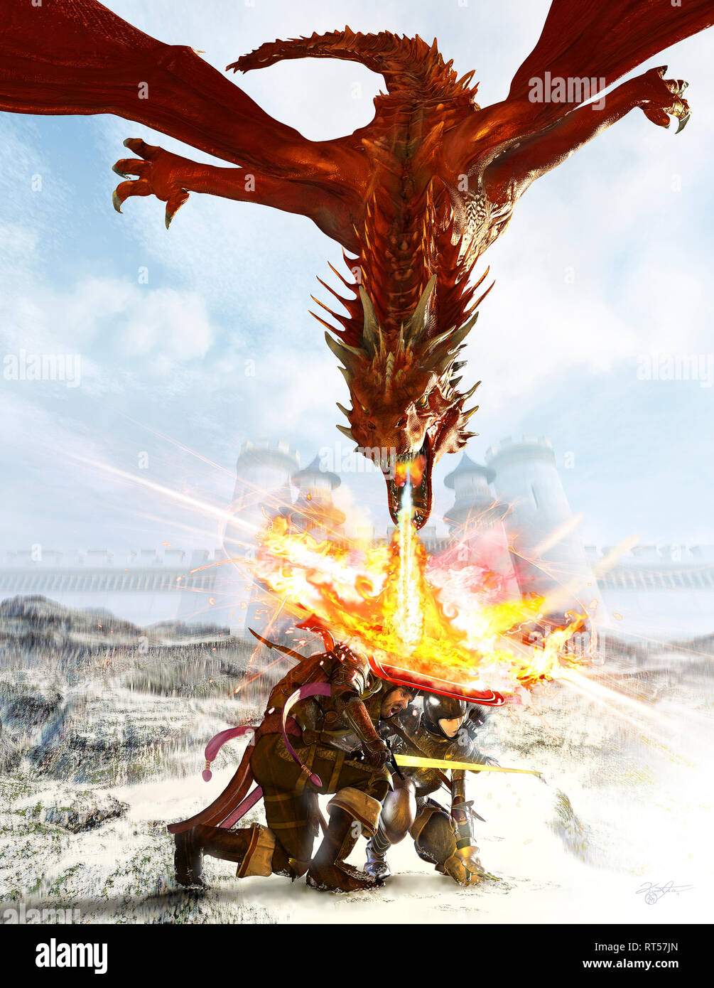 Dragon blasen Flammen über Ritter in den Schnee. Stockfoto