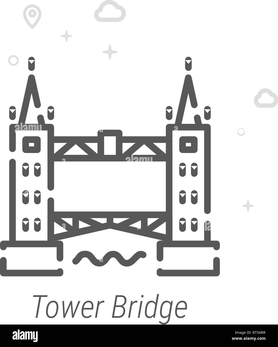 Tower Bridge, London Vektor Symbol Leitung. Historische Sehenswürdigkeiten Symbol, Piktogramm, Sign. Licht abstrakten geometrischen Hintergrund. Editierbare Schlaganfall. Leitung einstellen Stock Vektor