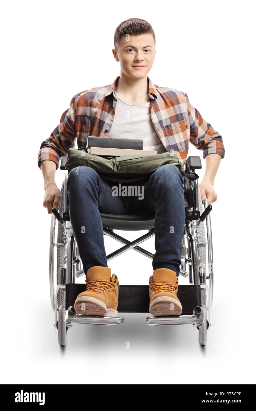 In voller Länge Porträt einer jungen Behinderten männlichen Kursteilnehmer drückt seinen Rollstuhl isoliert auf weißem Hintergrund Stockfoto