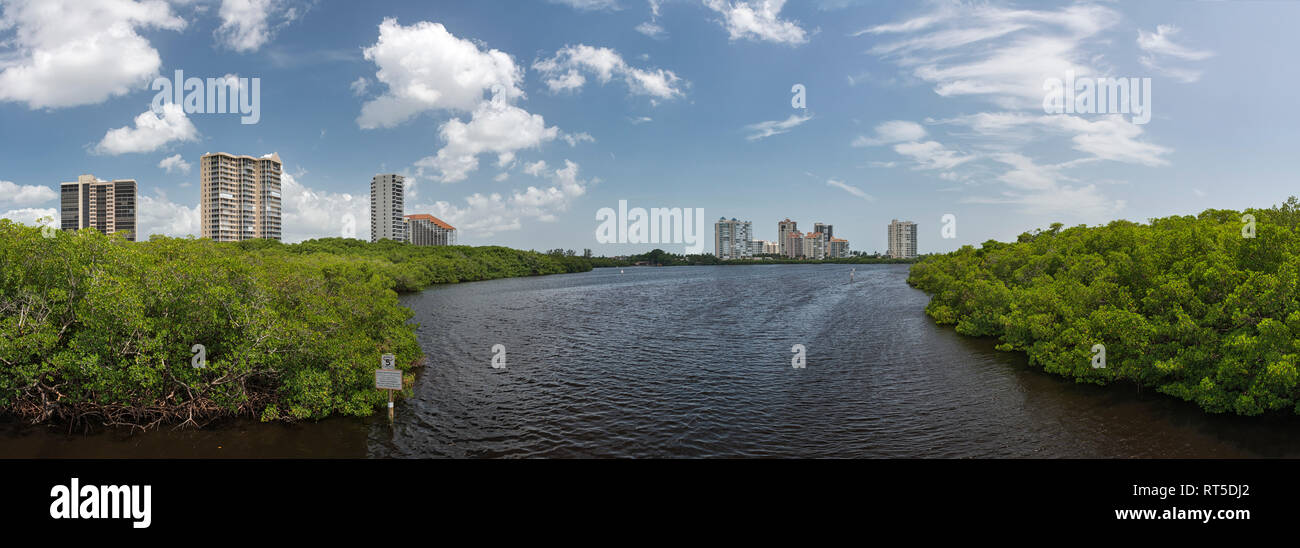 Vereinigte Staaten von Amerika, Florida, Naples, Mangrovenwälder und Hochhäuser an Clam Pass Strand Stockfoto