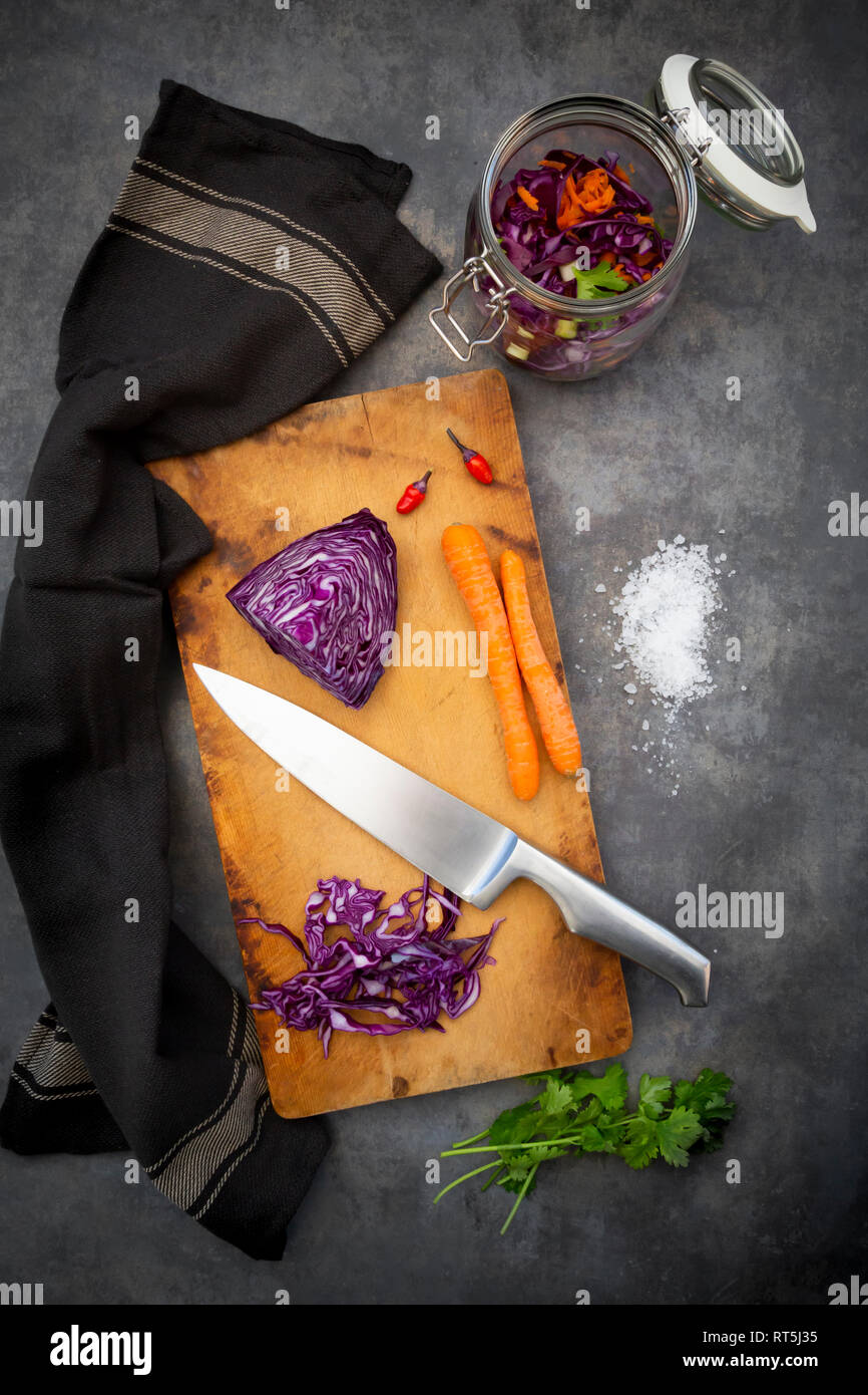 Vorbereitung von hausgemachtem Rotkohl, fermentiert, mit Chili, Karotte und Koriander Stockfoto
