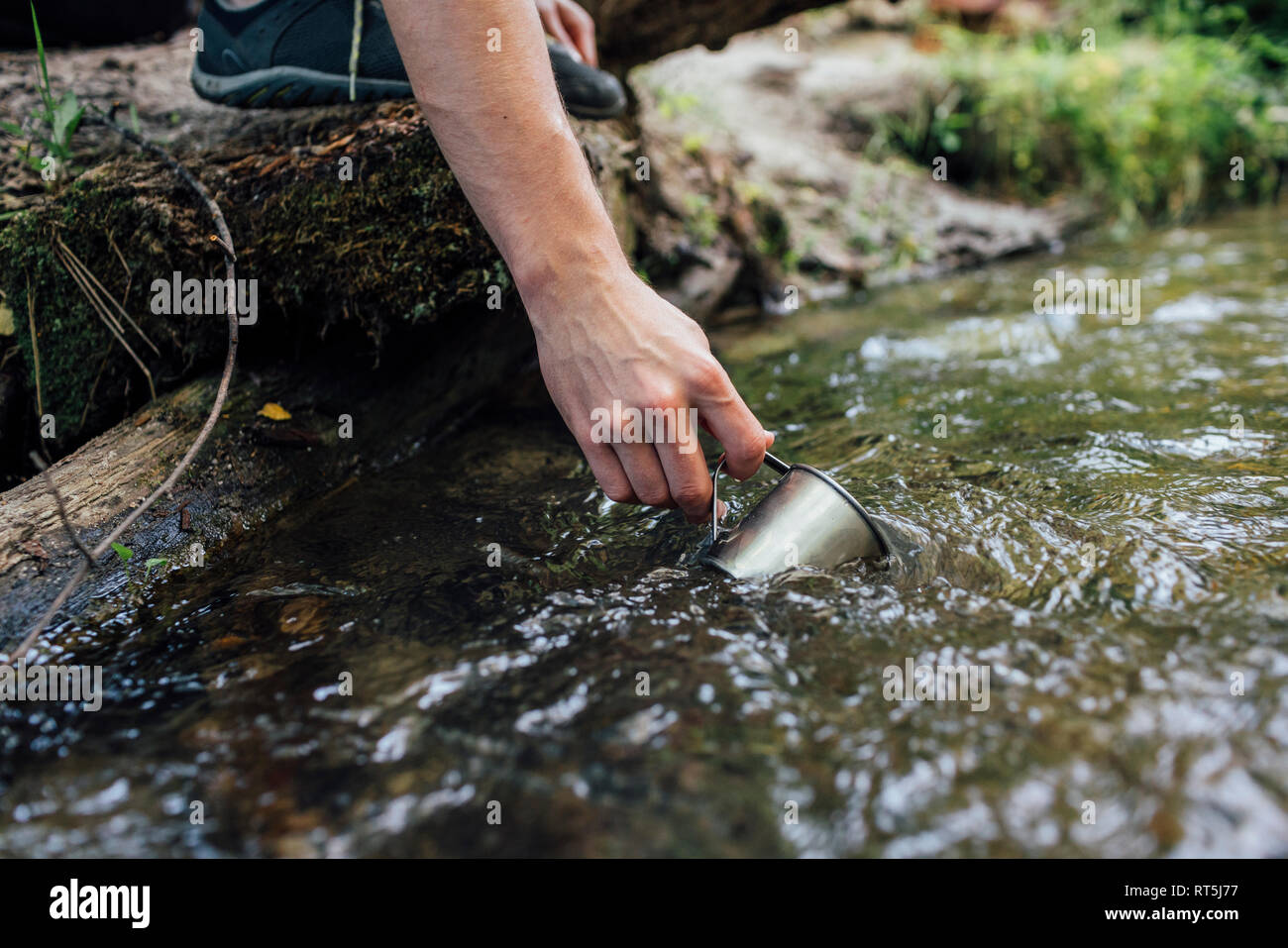 Die Hand des jungen Mannes scooping frisches Wasser aus einem Bach, close-up Stockfoto
