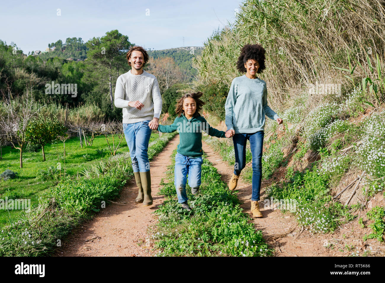 Glückliche Familie, in der Natur läuft, halten sich an den Händen Stockfoto