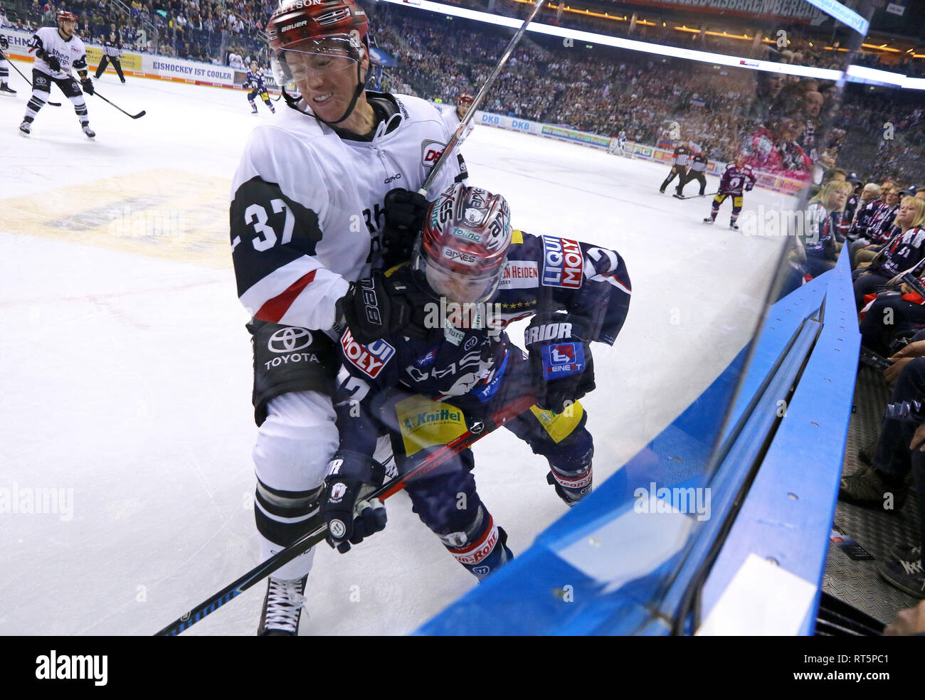 BERLIN, DEUTSCHLAND - 22. SEPTEMBER 2017: Blair Jones von kolner Haie (L) kämpft für einen Kobold mit Daniel Fischbuch von Eisbaren Berlin während der Deutsche Stockfoto