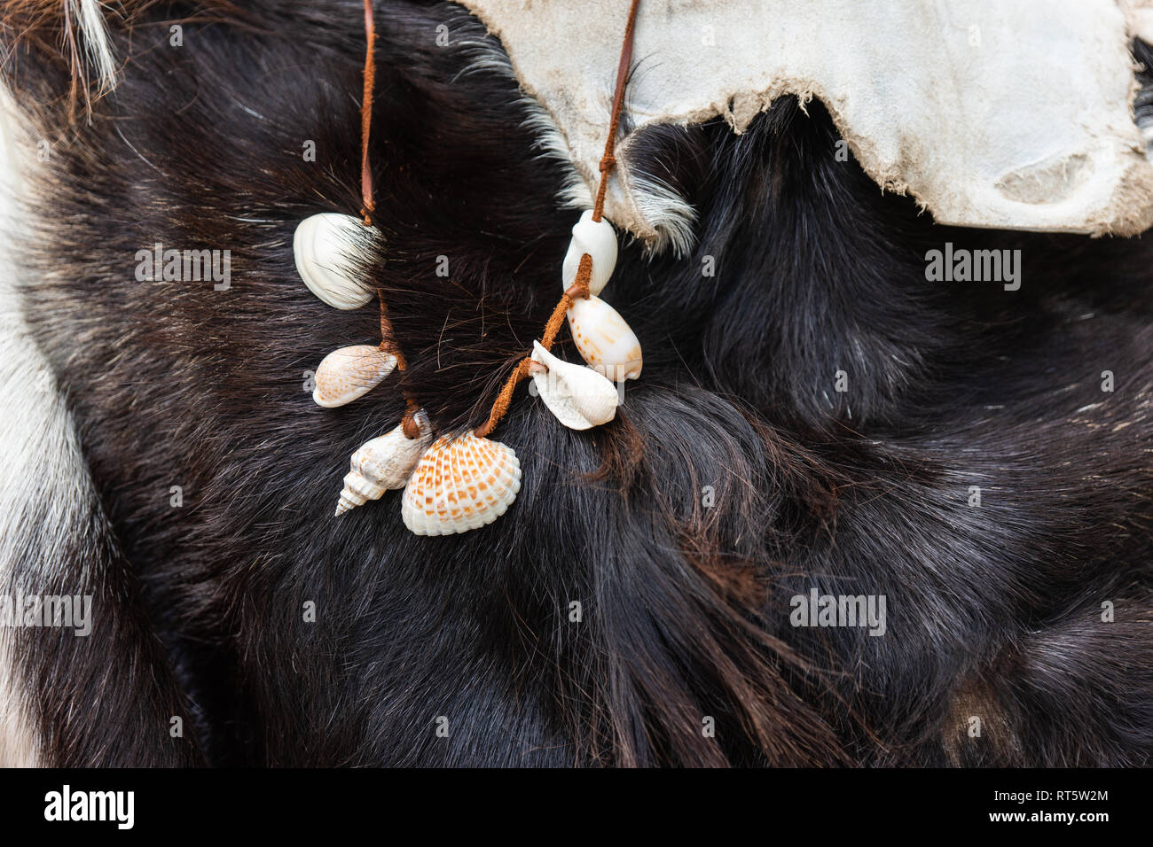 Der primitive Mensch Kette aus kleinen Muscheln auf einem leder string gemacht. Höhle - Mann aus einem pelzigen Tier Haut gemacht Stockfoto