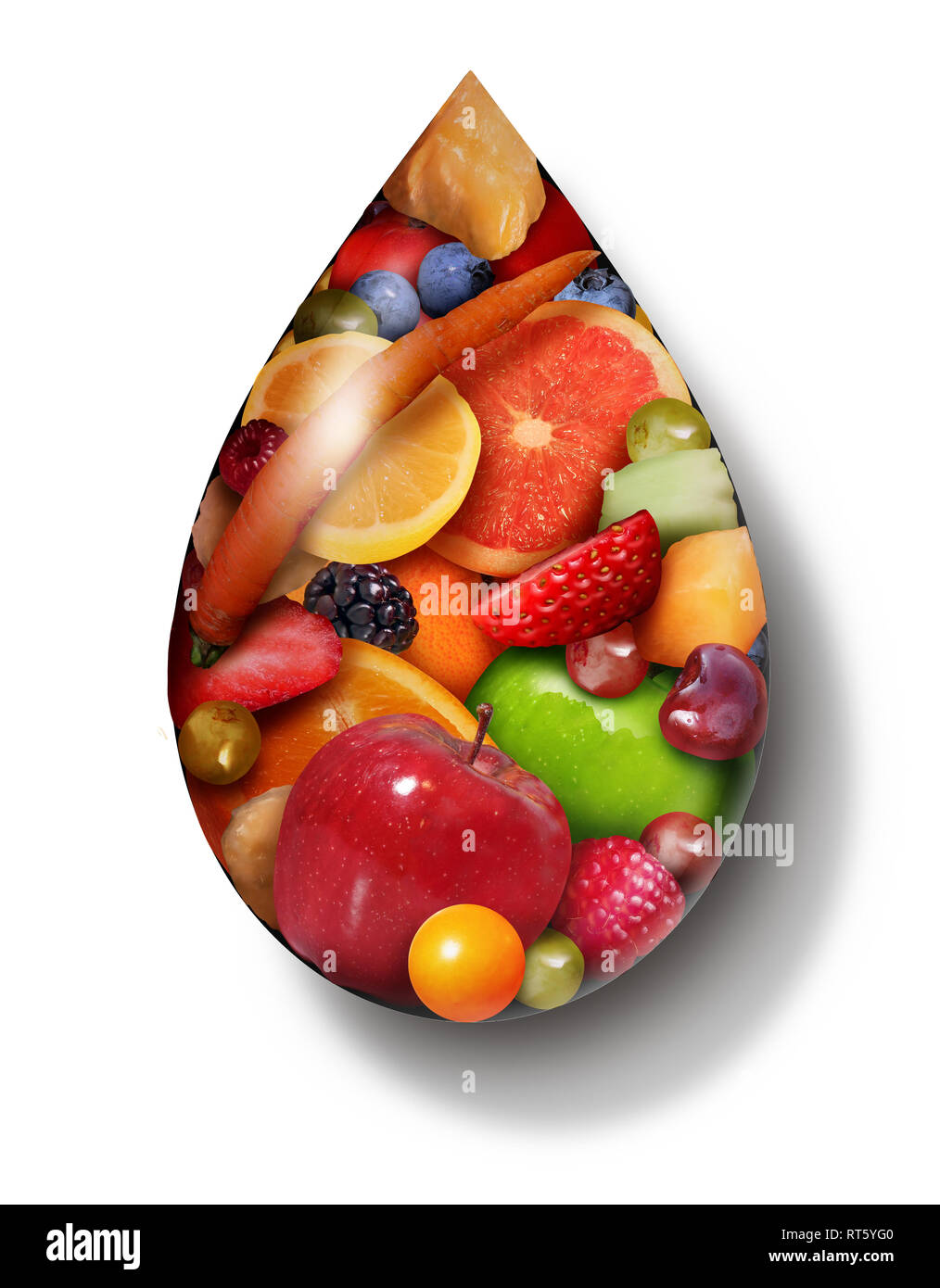 Fruchtsaft Tropfen, wie Organische natürliche Süße Produkte als Symbol für eine Kur zu trinken oder Gesundes Essen Ernährung Getränke in einer 3D-Darstellung. Stockfoto