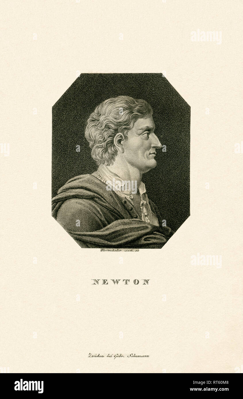 Isaac Newton, englischer Philosoph und Wissenschaftler, Kupferstich von Rosmäsler, von Schumann, Zwickau, 19. Jahrhundert veröffentlicht., Artist's Urheberrecht nicht gelöscht werden Stockfoto