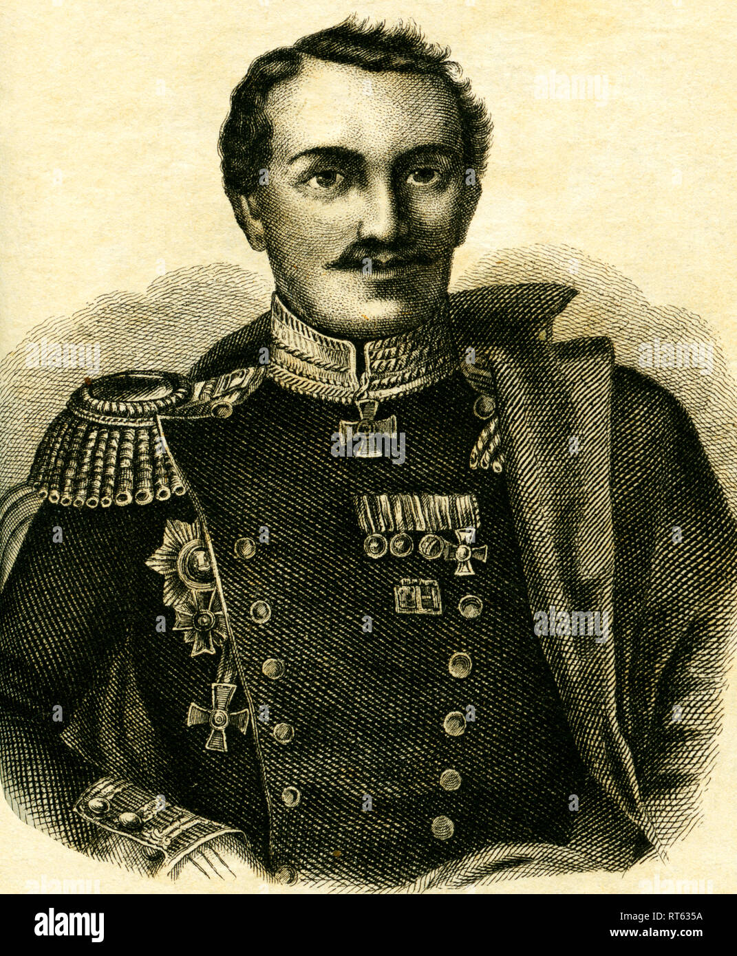 Pawel Petrowitsch, russischer General Liprandi, 1796-1864, Commander-in-chief des linken Teils der russischen Armee vor Sewastopol, Lithographie von: 'National-Kalender für alle kronländer der kaiserl. königl. Österreichischen Monarchie auf das Schaltjahr 1856' (National Kalender für alle crownlands der kaiserlichen Monarchie von Österreich, 1856), Lithograph W. Klimt, von Carl Wilhelm Medow, nach Leitmeritz/Prag., Additional-Rights - Not-Available Clearance-Info - veröffentlicht. Stockfoto