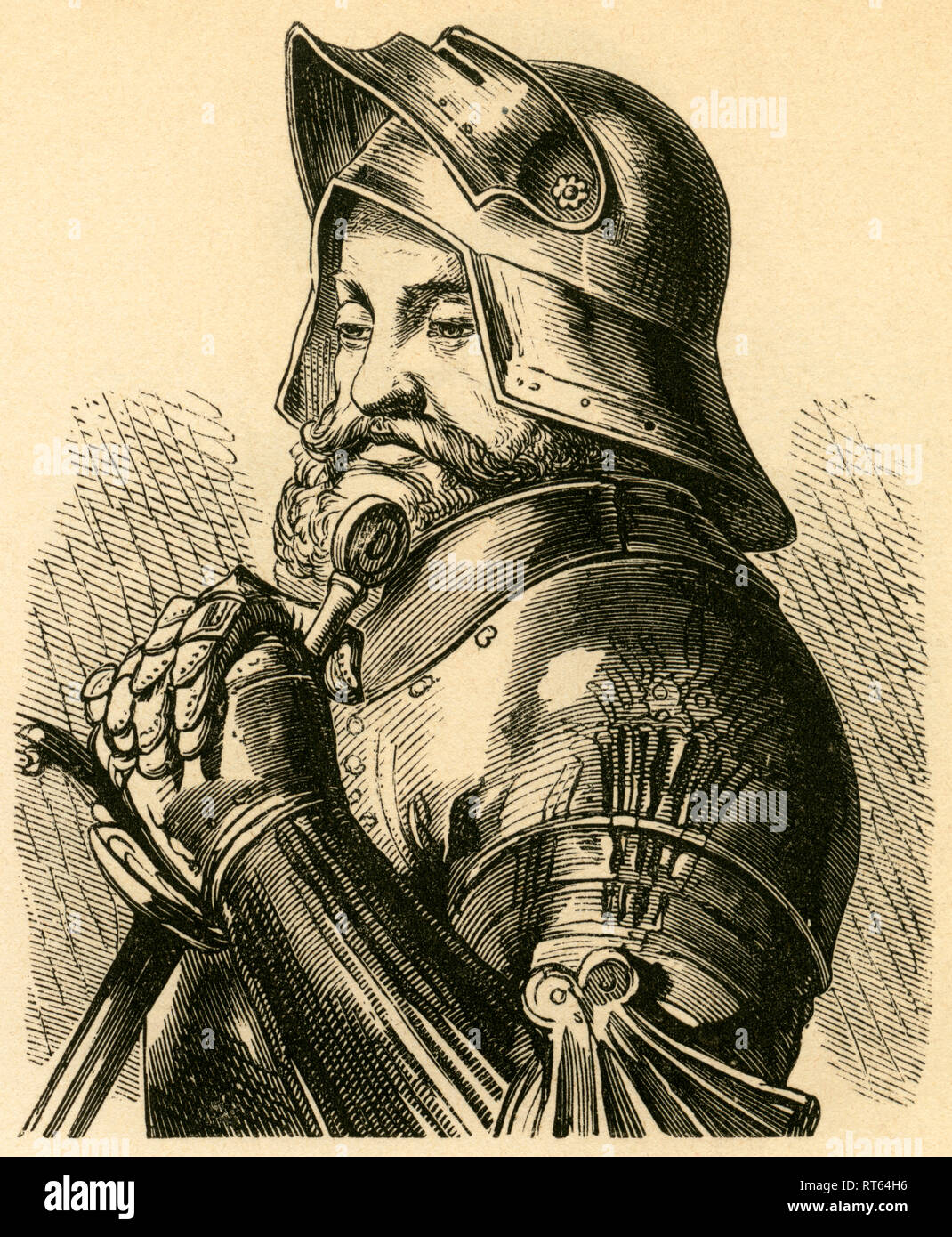 Götz von Berlichingen, Deutscher Ritter, Abbildung aus: 'Deutsche Männer' (Deutsche Männer), Bilder aus der Geschichte des deutschen Volkes von Hermann dem Cherusker zu den Tagen des heute von Manuel Raschke, herausgegeben von Karl Prochaska, Leipzig und Teschener, 1868., Additional-Rights - Clearance-Info - Not-Available Stockfoto