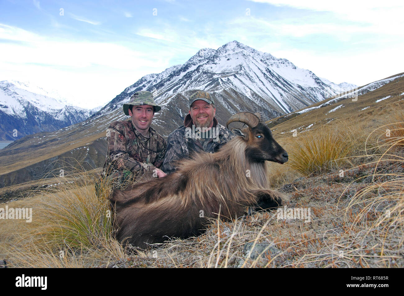Erfolgreiche Jäger mit einer Himalaya-Tahr in der Südalpen Neuseelands Stockfoto