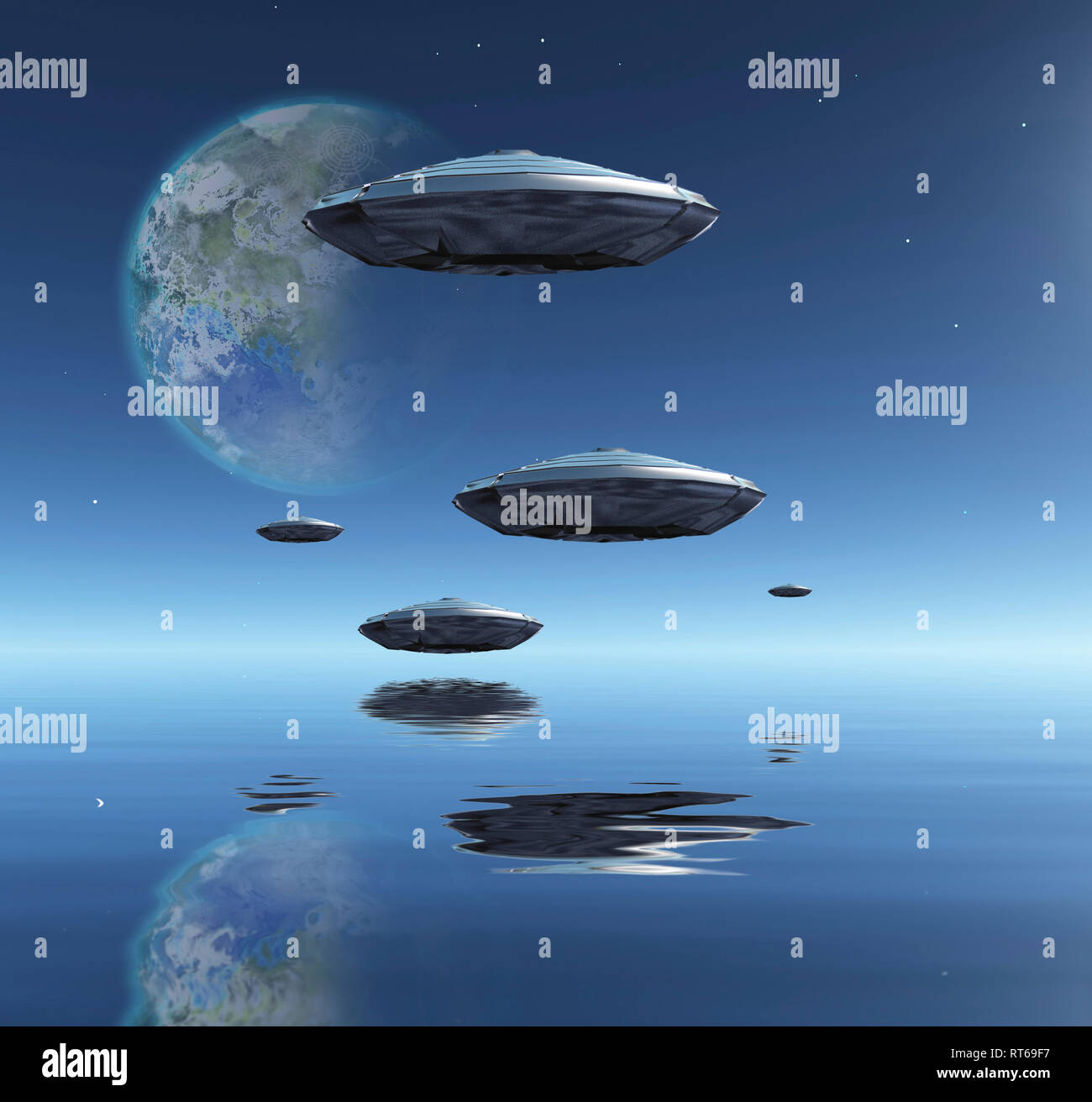 Terraformed Mond und Raumfahrzeugen über der Wasseroberfläche. 3D-Rendering Stockfoto