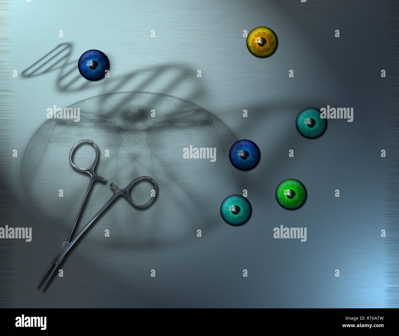 Bunte Augäpfel, DNA, Chirurgie Instrument und Der vitruvianische Mensch Stockfoto
