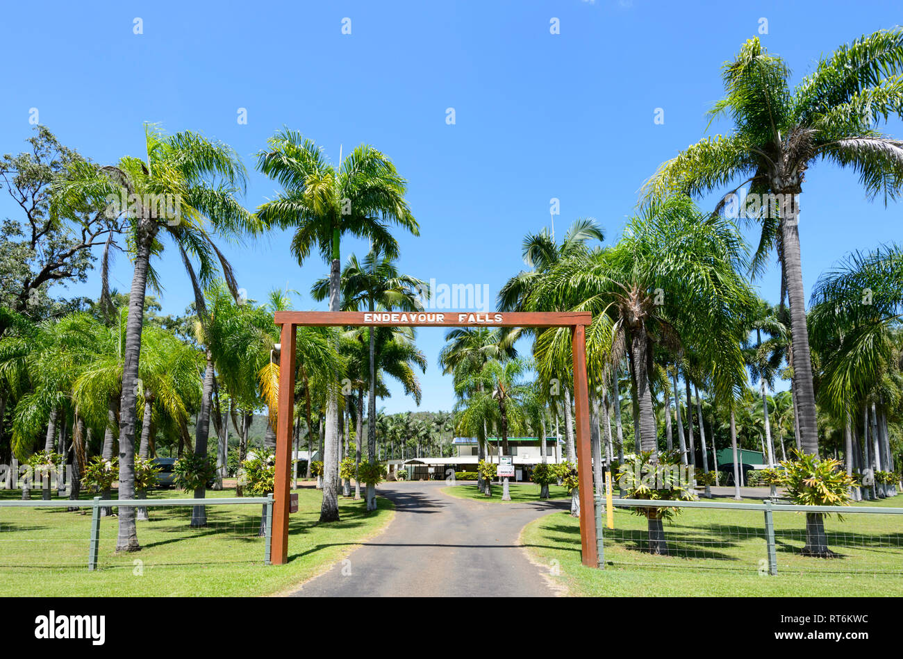 Eingang zum Bemühen fällt Caravan- und Campingplatz, Bloomfield Track, in der Nähe von Cooktown, Far North Queensland, Queensland, FNQ, Australien Stockfoto