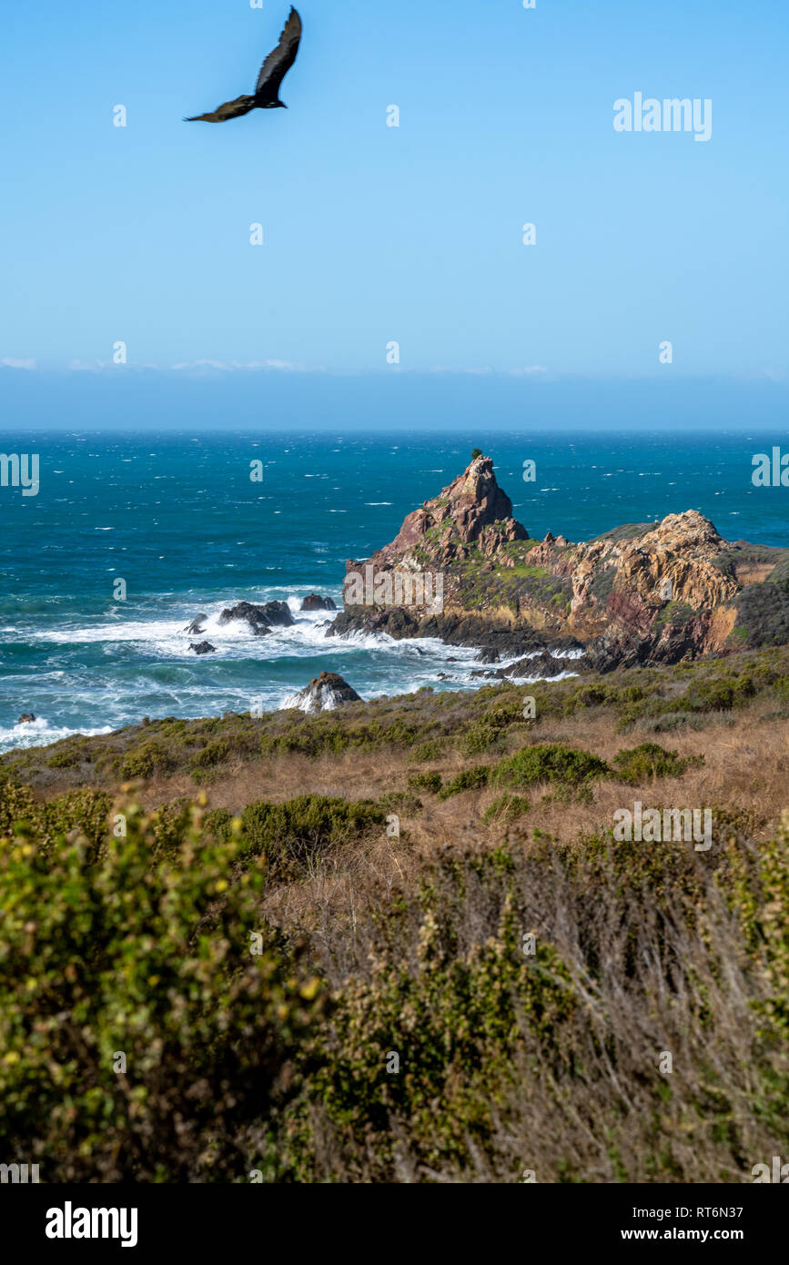 Wellen an Land entlang des Highway 1 und Kalifornien Big Sur Küste. Stockfoto