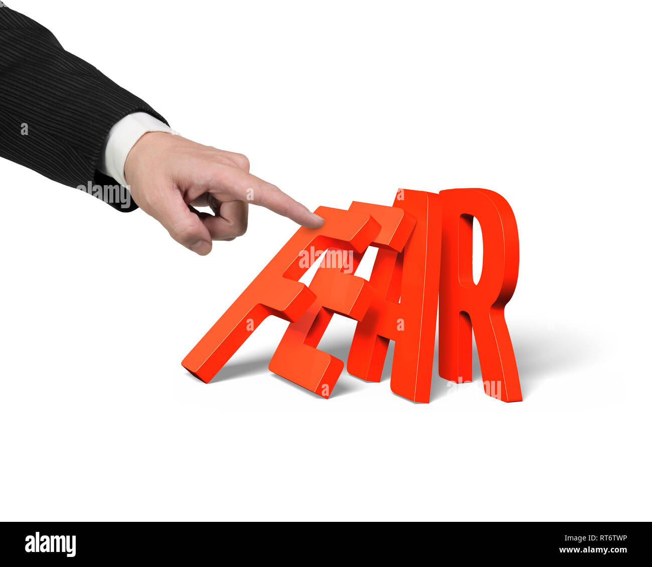 Geschäftsmann Finger drücken Domino der roten Angst Wort fallen, isoliert auf Weiss. Stockfoto