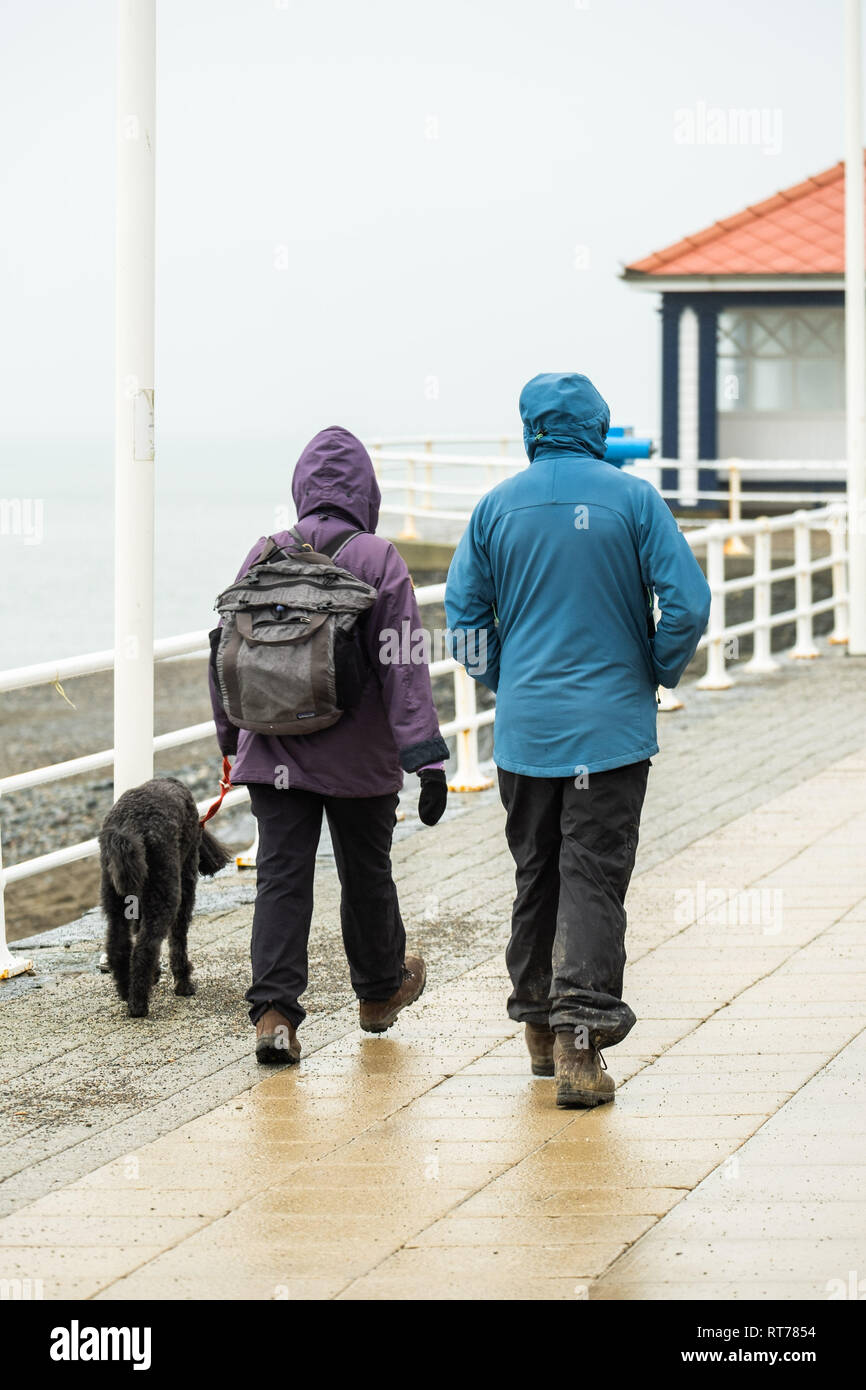 Aberystwyth Wales UK, Donnerstag, 28. Februar 2019. UK Wetter: Am letzten Tag des meteorologischen Winter, ein Paar in den Regen - Kleidung, Spaziergang mit ihrem Hund entlang der Strandpromenade in Aberystwyth an einem grauen, kalten und feuchten Tag, im Gegensatz zu der jüngsten rekordverdächtige Wärme und Sonnenschein und viel mehr typische windig und kühleren Bedingungen am Ende Februar zu erwarten sind, und Anfang März Foto: Keith Morris/Alamy leben Nachrichten Stockfoto