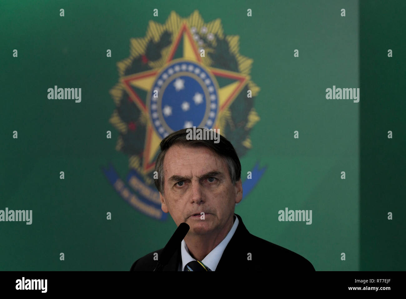 Brasilia, Brasilien. 28 Feb, 2019. Selbsternannte interim Präsident von Venezuela Juan Guaidó bei einem Treffen mit dem brasilianischen Präsidenten Jair Bolsonaro im planalto Palace in Brasilia am Donnerstag, den 28. (Foto: Ricardo Botelho/Brasilien Foto Presse) Credit: Brasilien Foto Presse/Alamy leben Nachrichten Stockfoto