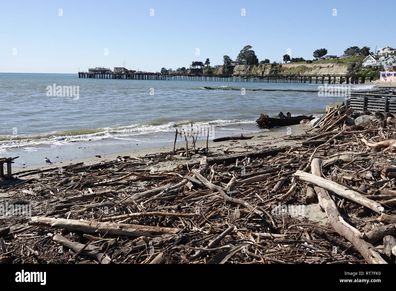 Capitola, Kalifornien, USA, 28. Februar, 2019 - Treibholz und sonstige Ablagerungen gewaschen bis auf die Städte Strand nach dem umfangreichen Stürme, Kalifornien diese Woche getroffen. Credit: Motofoto/Alamy leben Nachrichten Stockfoto