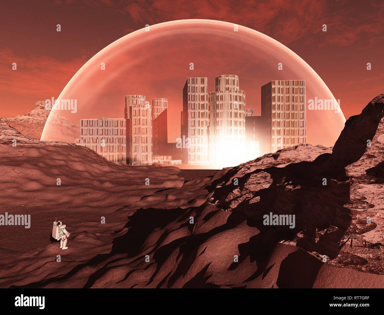 Gewölbte Stadt in unwirtlichen Planeten vielleicht Mars Stockfoto